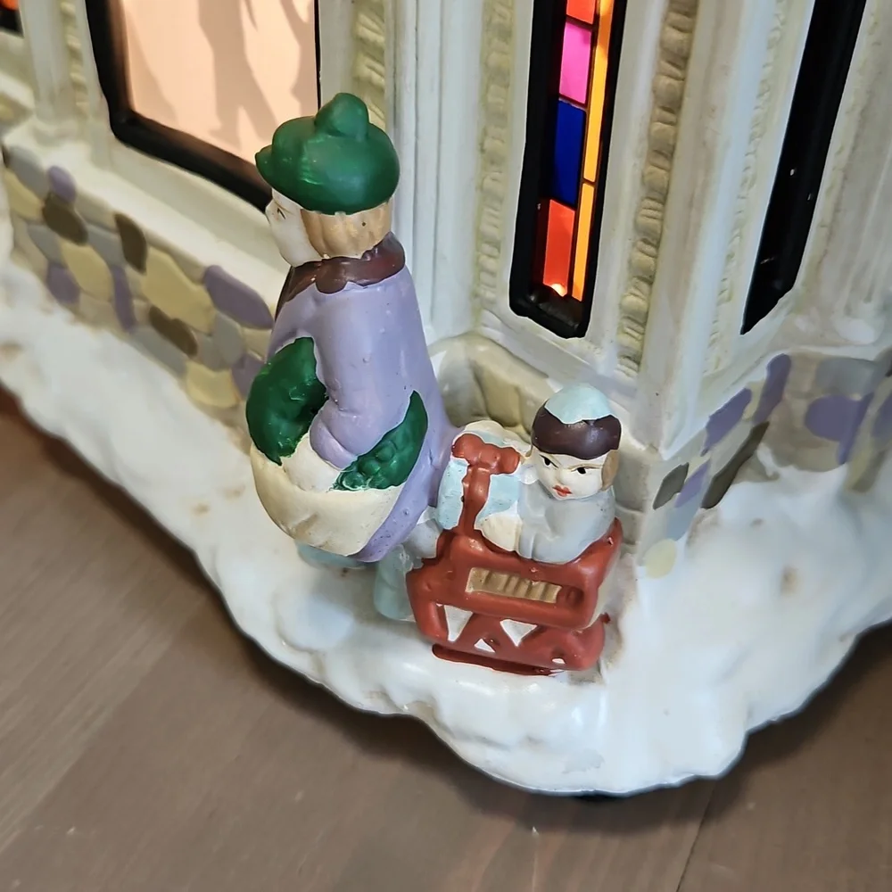 Vintage Village Square Lighted Silhouette Church Ceramic Hand Painted 16"×8" - Picture 7 of 9